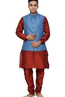 Mag Men's Red Matching silk Kurta Churidhar With Banarsi Sky Blue Waistcoat