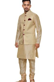 Mag Men's Gold Matching silk Kurta Churidhar With Gold Waistcoat