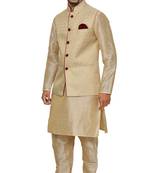Mag Men's Gold Matching silk Kurta Churidhar With Gold Waistcoat
