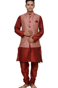 Mag Men's Red Matching silk Kurta Churidhar With Pink Waistcoat