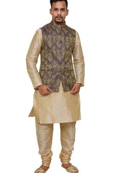 Mag Men's Gold Matching silk Kurta Churidhar With Purple Waistcoat
