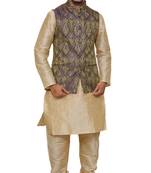 Mag Men's Gold Matching silk Kurta Churidhar With Purple Waistcoat