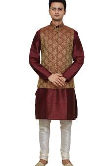 Mag Men's Maroon silk Kurta white Churidhar With Maroon Waistcoat