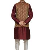 Mag Men's Maroon silk Kurta white Churidhar With Maroon Waistcoat