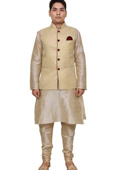 Mag Men's Double Tone Matching silk Kurta Churidhar With Gold Waistcoat