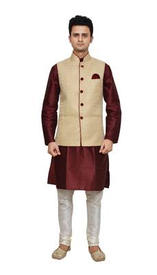 Mag Men's Maroon silk Kurta white Churidhar With Gold Waistcoat 1