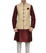 Mag Men's Maroon silk Kurta white Churidhar With Gold Waistcoat