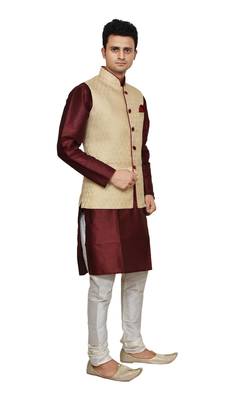 Mag Men's Maroon silk Kurta white Churidhar With Gold Waistcoat 2