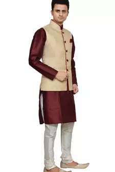 Mag Men's Maroon silk Kurta white Churidhar With Gold Waistcoat