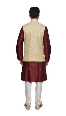 Mag Men's Maroon silk Kurta white Churidhar With Gold Waistcoat 3