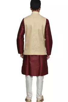 Mag Men's Maroon silk Kurta white Churidhar With Gold Waistcoat