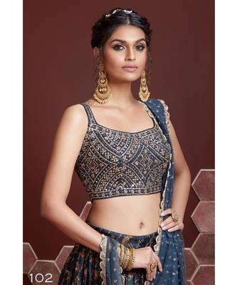 Wedding Designer Navy Blue Chinon Silk Lehenga Choli 2