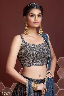 Wedding Designer Navy Blue Chinon Silk Lehenga Choli