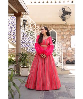 Wedding Designer Red + pink Chanderi Designer Lehenga 1
