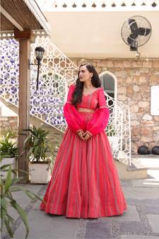 Wedding Designer Red + pink Chanderi Designer Lehenga