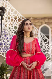 Wedding Designer Red + pink Chanderi Designer Lehenga