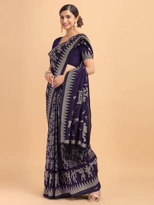 Teal printed tussar silk saree with blouse 2