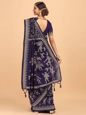Teal printed tussar silk saree with blouse 3