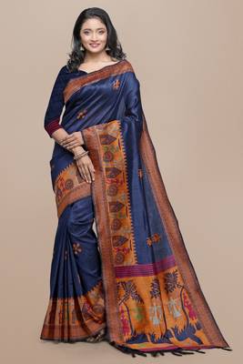 Pink printed tussar silk saree with blouse 1