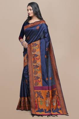 Pink printed tussar silk saree with blouse 2