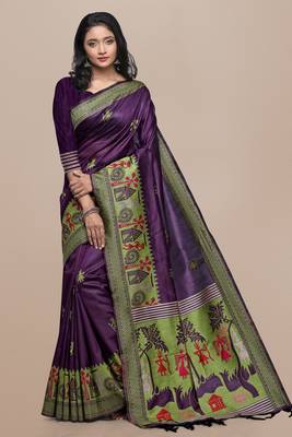 Peach printed tussar silk saree with blouse 1