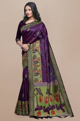 Peach printed tussar silk saree with blouse 2
