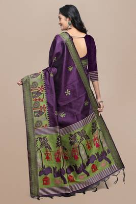 Peach printed tussar silk saree with blouse 3