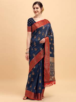 Light chiku woven linen saree with blouse 1