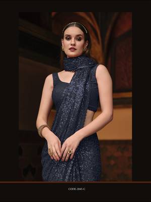 Blue embroidered georgette saree with blouse 2