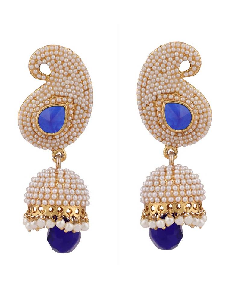 Designer Big Carry Blue Stone and Off white Pearl Emblished Jhumka Jhumki