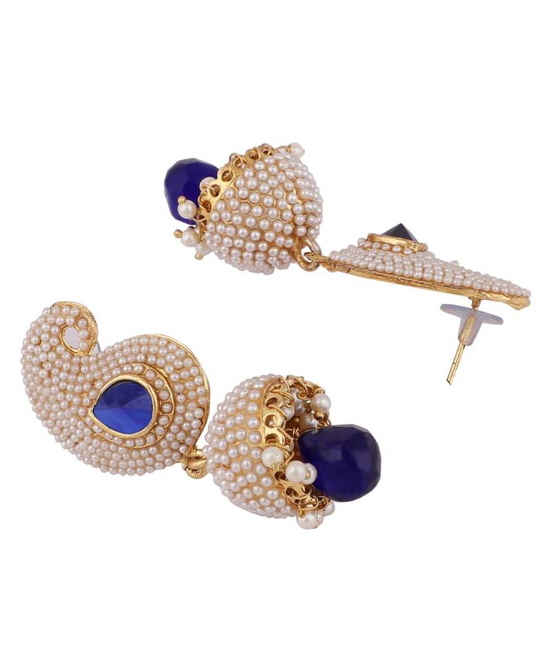 Designer Big Carry Blue Stone and Off white Pearl Emblished Jhumka Jhumki