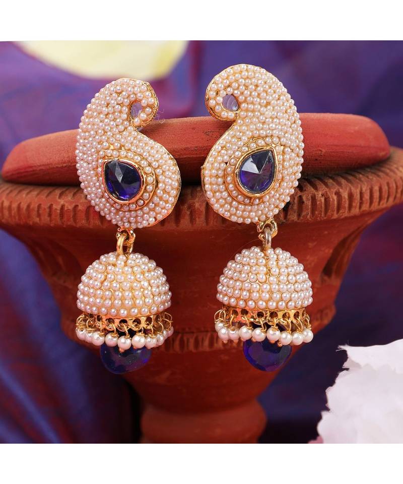Designer Big Carry Blue Stone and Off white Pearl Emblished Jhumka Jhumki