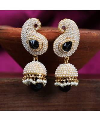Designer Big Carry Black Stone and Off white Pearl Emblished Jhumka Jhumki 1