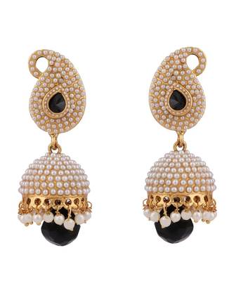 Designer Big Carry Black Stone and Off white Pearl Emblished Jhumka Jhumki 2