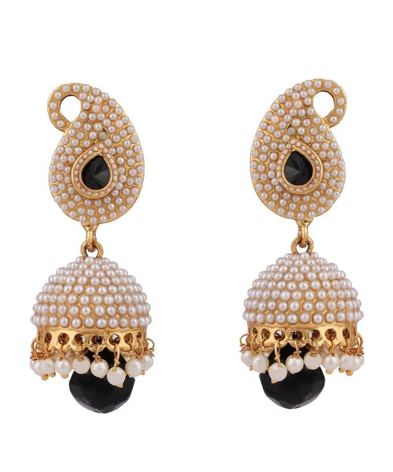 Designer Big Carry Black Stone and Off white Pearl Emblished Jhumka Jhumki