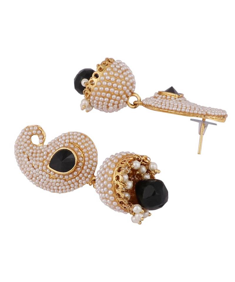 Designer Big Carry Black Stone and Off white Pearl Emblished Jhumka Jhumki