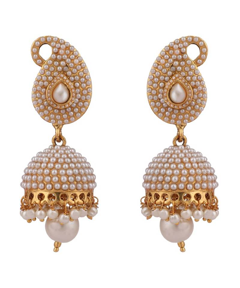 Designer Big Carry White Stone and Off white Pearl Emblished Jhumka Jhumki