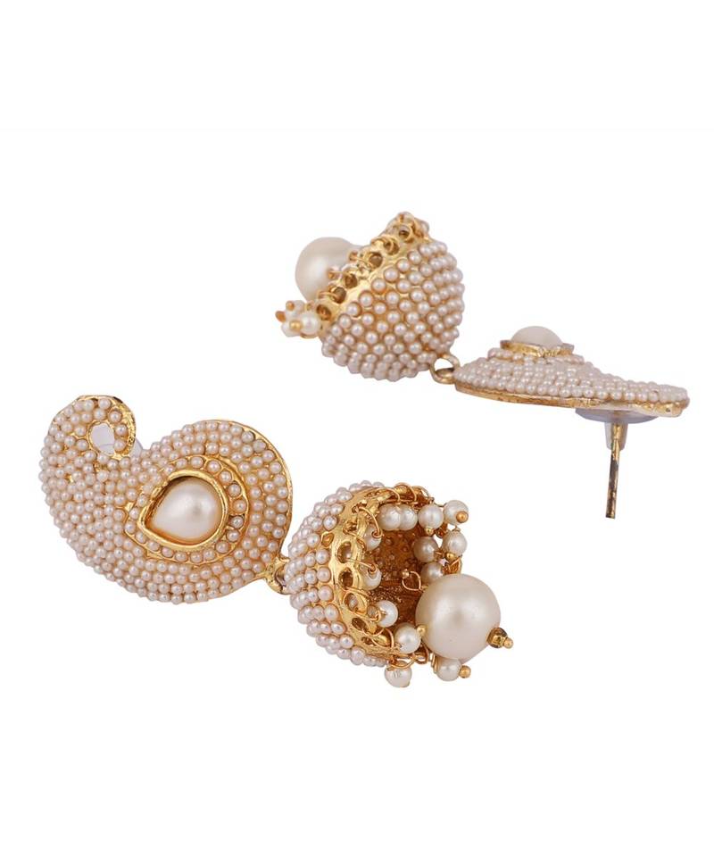 Designer Big Carry White Stone and Off white Pearl Emblished Jhumka Jhumki