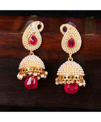 Exclusive Design Classy Carry Jhumka  Jhumki With Magenta stone and Pearl Work 1