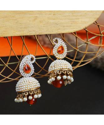 Exclusive Design Classy Carry Jhumka  Jhumki With Orange stone and Pearl Work 1