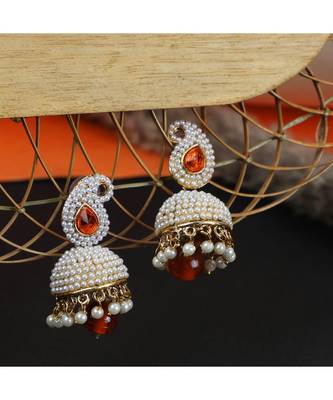 Exclusive Design Classy Carry Jhumka  Jhumki With Orange stone and Pearl Work 4