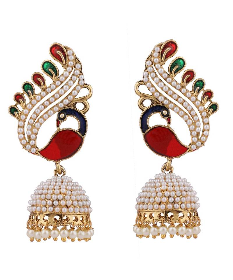 Pearl and Meenakari Work Peacock Motif Designer Jhumka Earring