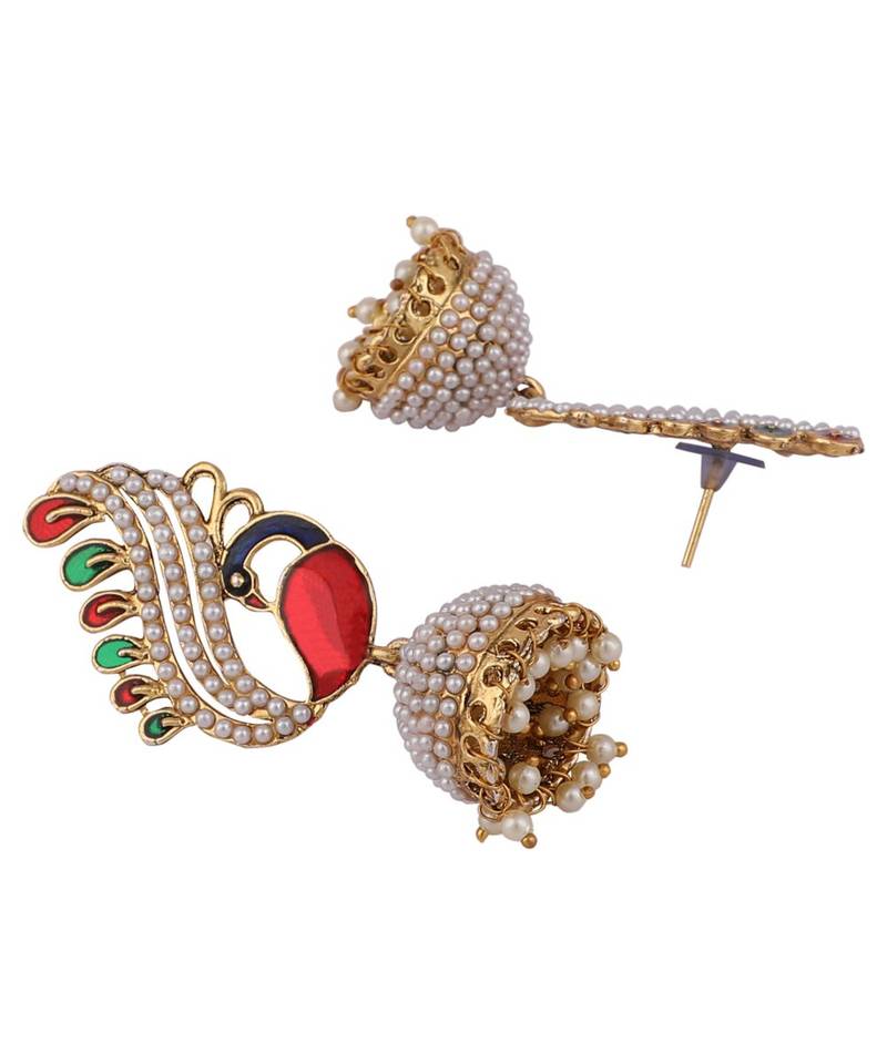 Pearl and Meenakari Work Peacock Motif Designer Jhumka Earring