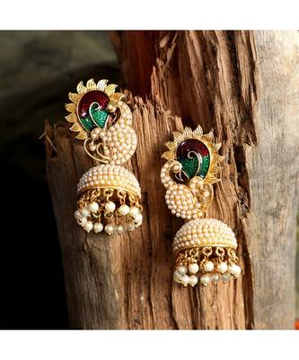 Pearl Studded Dancing Peacock Motif Meenakari Work Stylish Jhumka 1