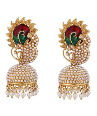 Pearl Studded Dancing Peacock Motif Meenakari Work Stylish Jhumka 2