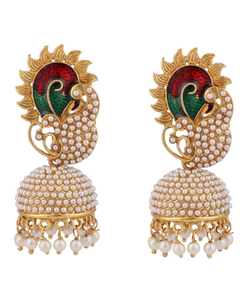 Pearl Studded Dancing Peacock Motif Meenakari Work Stylish Jhumka