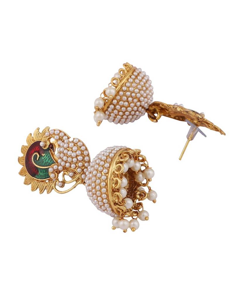 Pearl Studded Dancing Peacock Motif Meenakari Work Stylish Jhumka