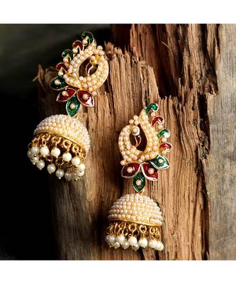 Pearl Peacock With Multicolour Meenakari feathers Fashionable Jhumka Earring 1