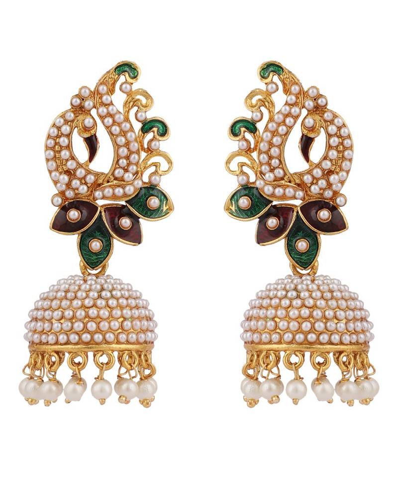 Pearl Peacock With Multicolour Meenakari feathers Fashionable Jhumka Earring