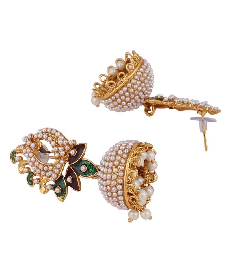 Pearl Peacock With Multicolour Meenakari feathers Fashionable Jhumka Earring
